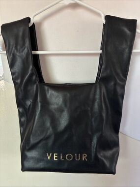 Velour-Trendy Tote Bag Faux Leather Black/Gold Letters 15”H 10”L  2” W